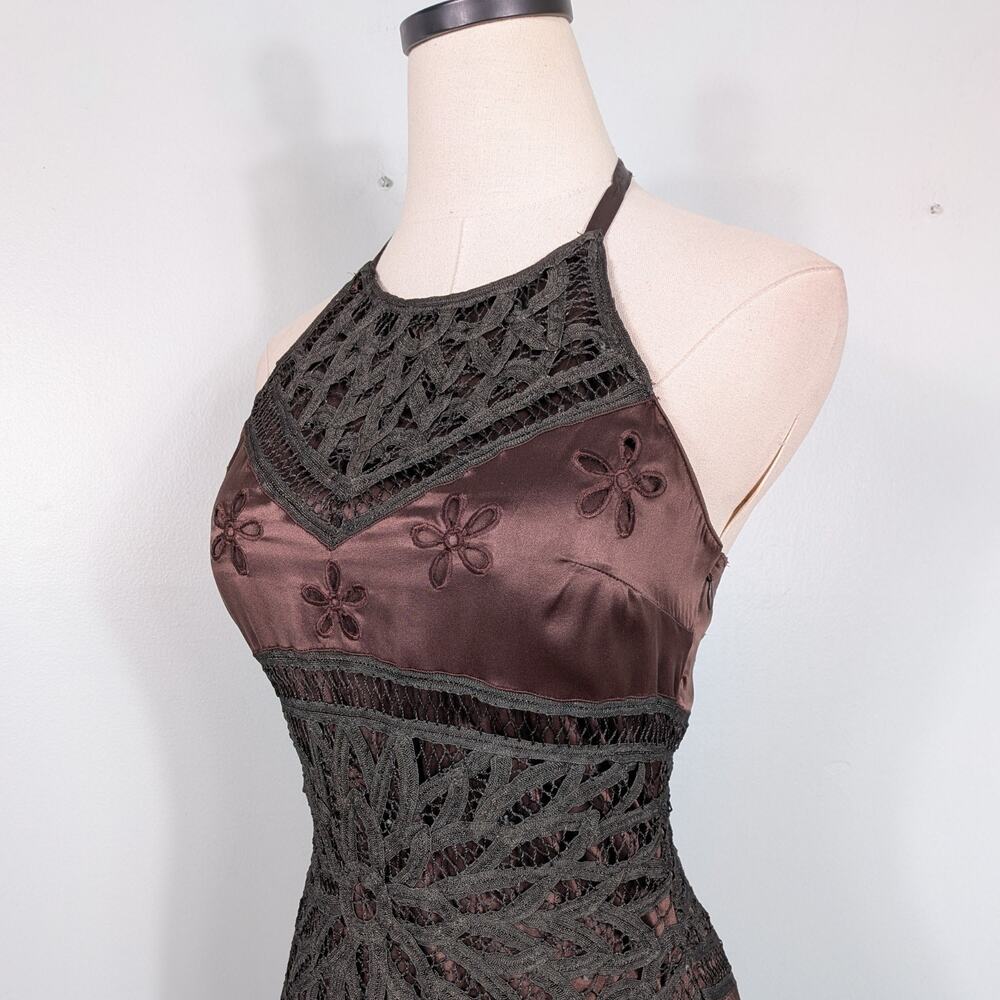 Vintage Cache Silk Midi Dress Cocktail Gown 6 Brown Lace Fairy Grunge 90sY2K - Picture 6 of 16